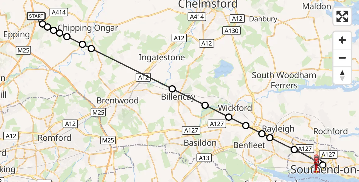 Flight route Air Ambulance Helicopter North Weald Airfield - Leigh on Sea, 13 September 2026, 11:04