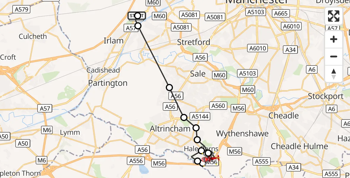 Flight route Air Ambulance Helicopter Manchester Barton Aerodrome - Davenport Green, 13 September 2026, 11:16