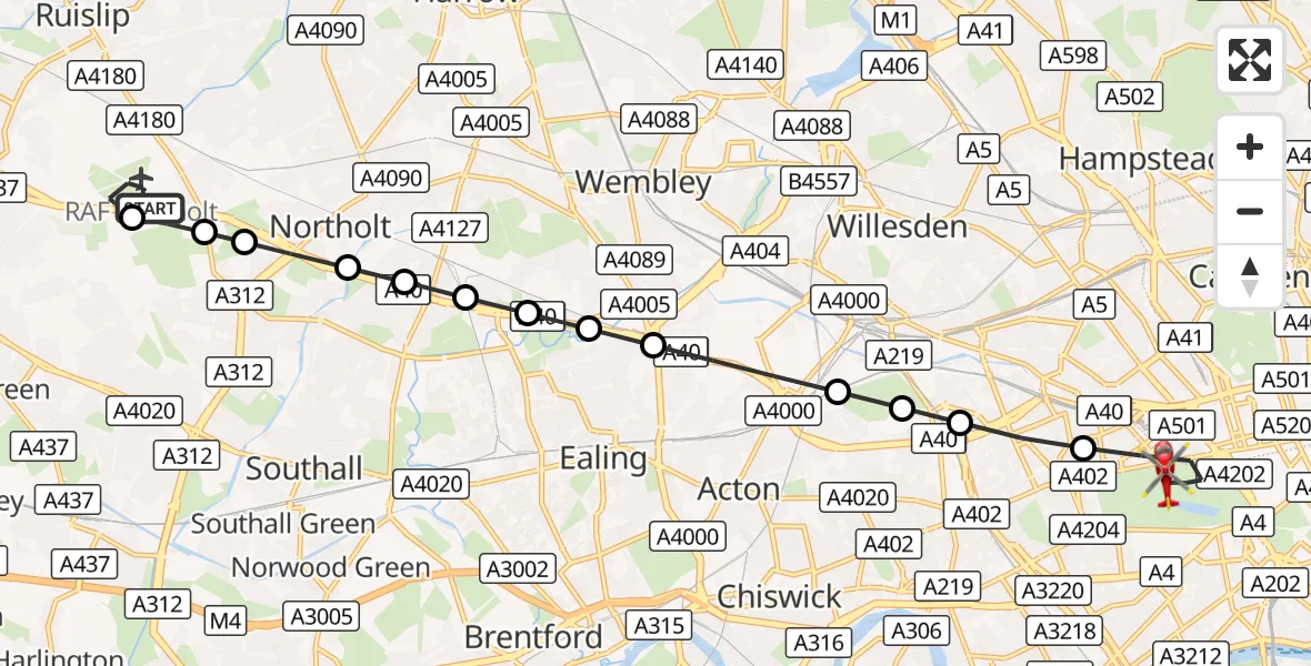 Flight route Air Ambulance Helicopter RAF Northolt - City of Westminster, 13 September 2026, 11:27