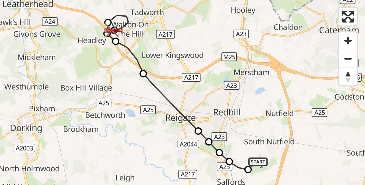 Flight route Air Ambulance Helicopter Redhill Aerodrome - Headley, 13 September 2026, 11:32