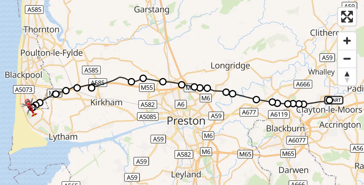 Flight route Air Ambulance Helicopter Clayton-le-Moors - Blackpool Airport, 13 September 2026, 11:33
