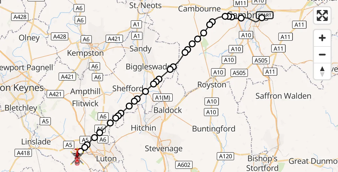 Flight route Air Ambulance Helicopter Cambridge City Airport - Dunstable, 13 September 2026, 11:36