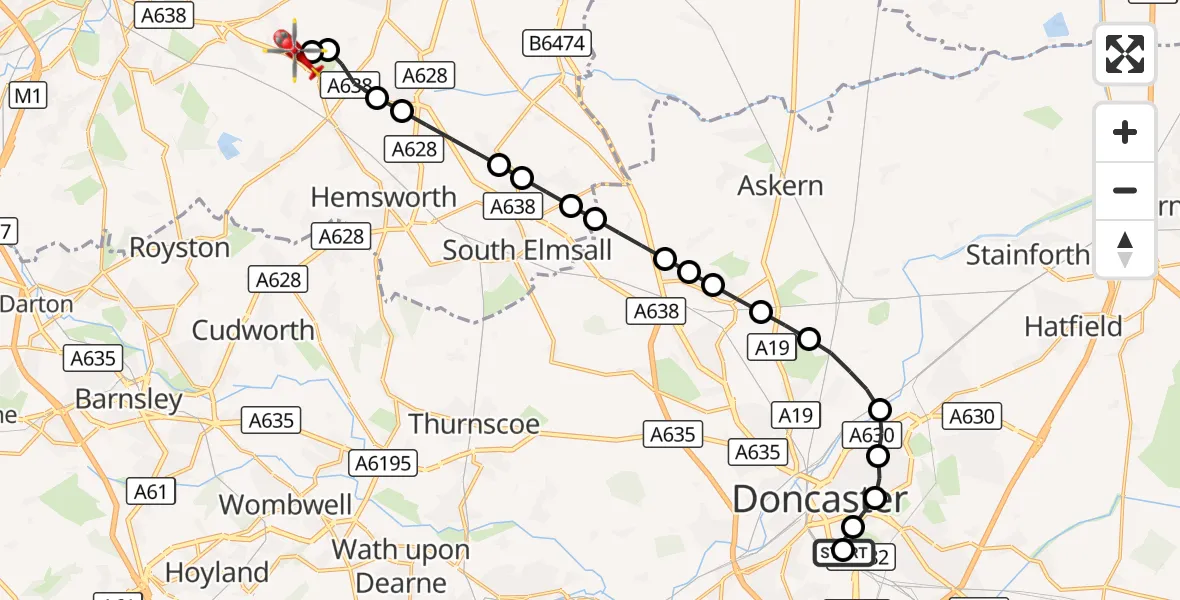 Flight route Air Ambulance Helicopter Hyde Park - YAA Nostell Helicopter Port, 13 September 2026, 11:37