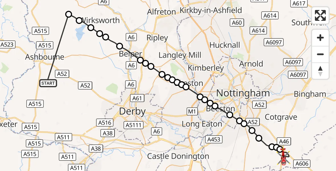 Flight route Air Ambulance Helicopter Yeaveley CP - Nottingham Heliport, 13 September 2026, 11:44