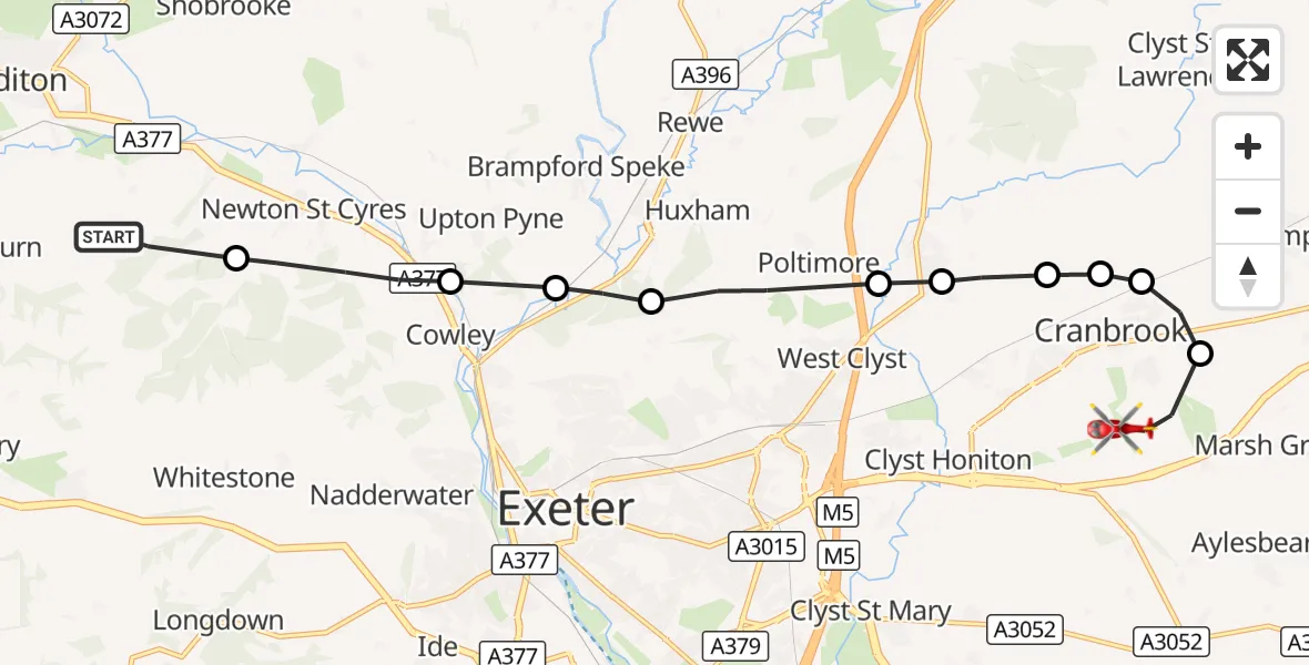 Flight route Air Ambulance Helicopter Mid Devon - Rockbeare, 13 September 2026, 11:52
