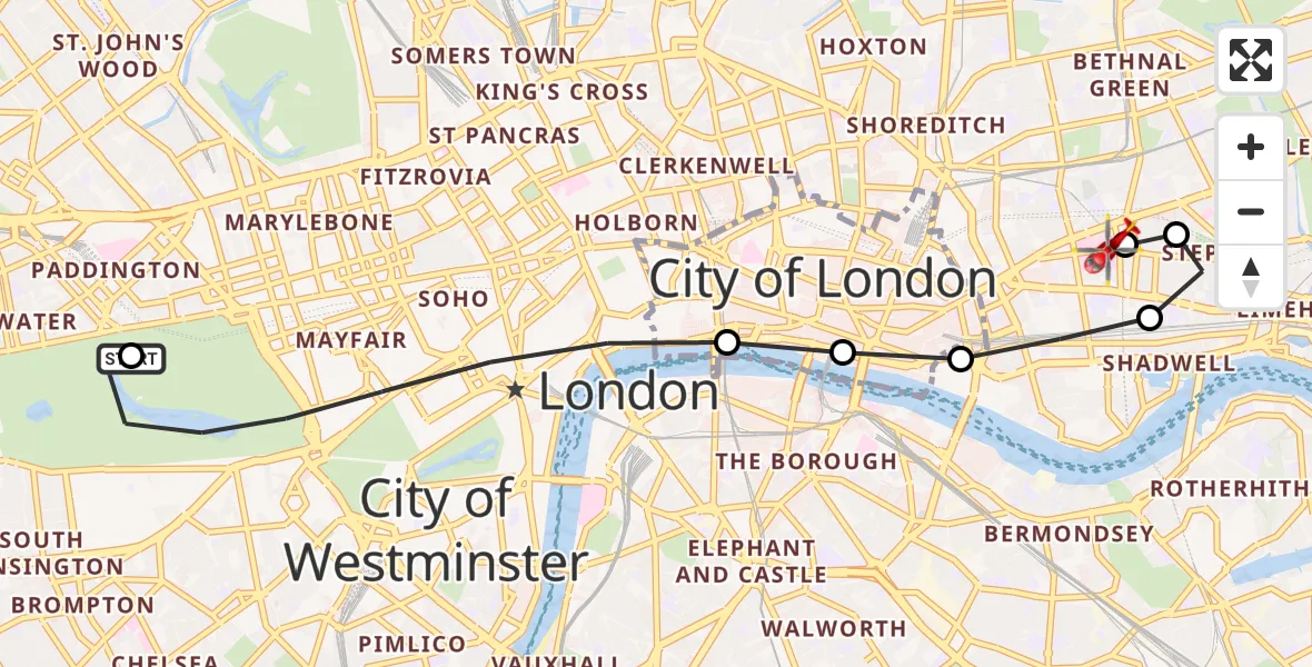 Flight route Air Ambulance Helicopter City of Westminster - Royal London Hospital, 13 September 2026, 12:11