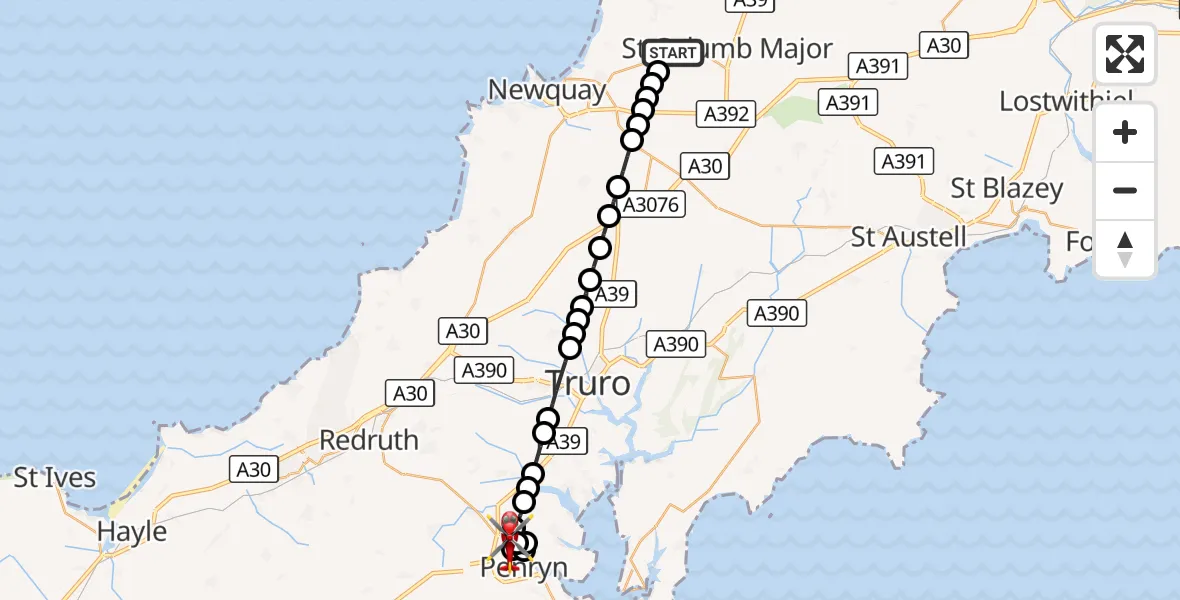 Flight route Air Ambulance Helicopter Cornwall Airport Newquay - Ponsanooth, 13 September 2026, 12:18