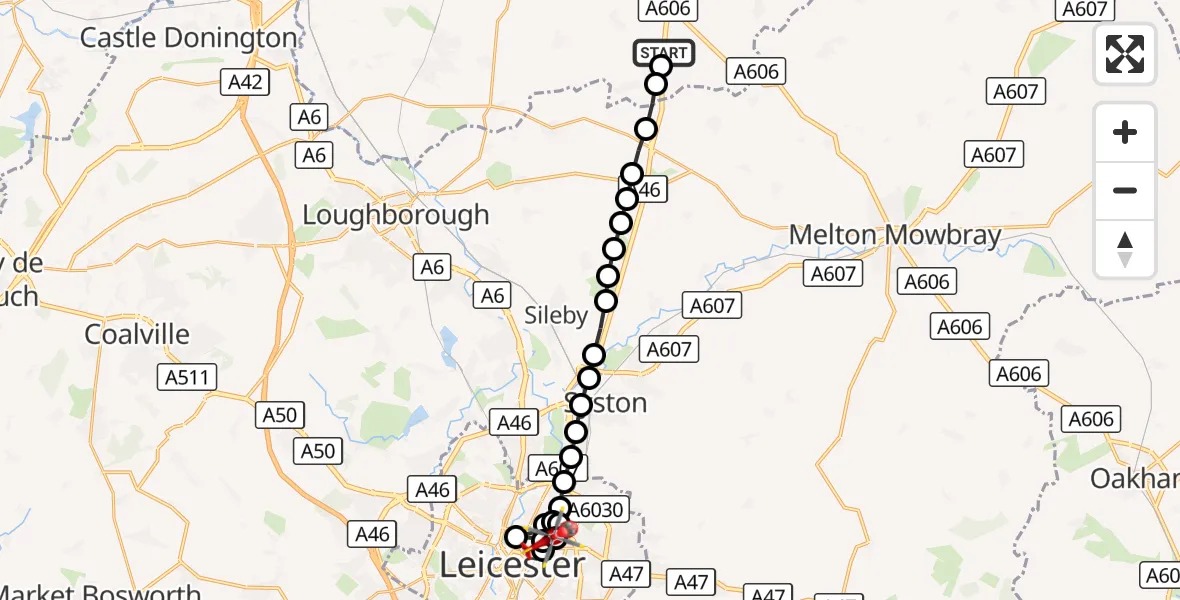 Flight route Air Ambulance Helicopter Nottingham Heliport - Northfields, 13 September 2026, 12:27