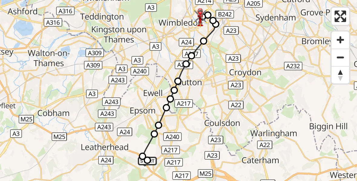 Flight route Air Ambulance Helicopter Walton On The Hill - St Georges Hospital, 13 September 2026, 12:37