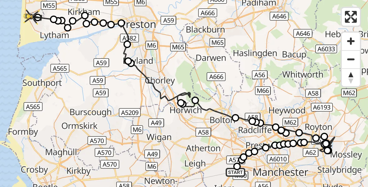 Flight route Police Helicopter Worsley - Blackpool Airport, 13 September 2026, 12:43