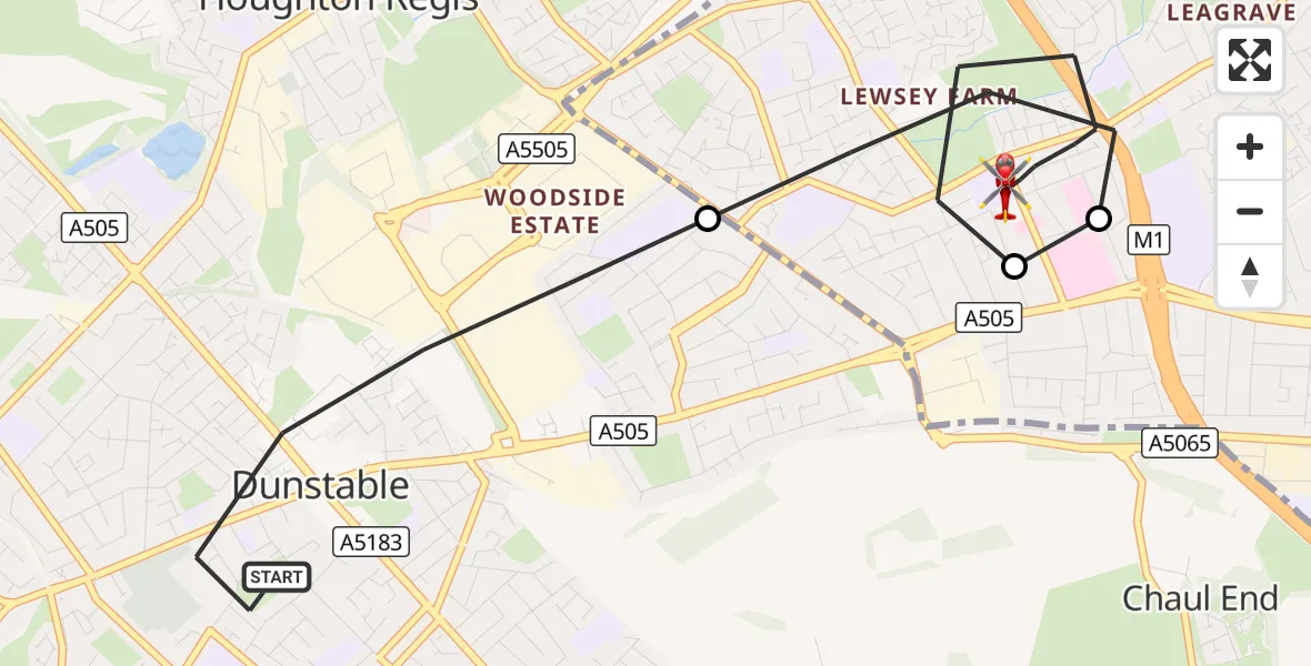 Flight route Air Ambulance Helicopter Dunstable - Lewsey Farm, 13 September 2026, 12:46
