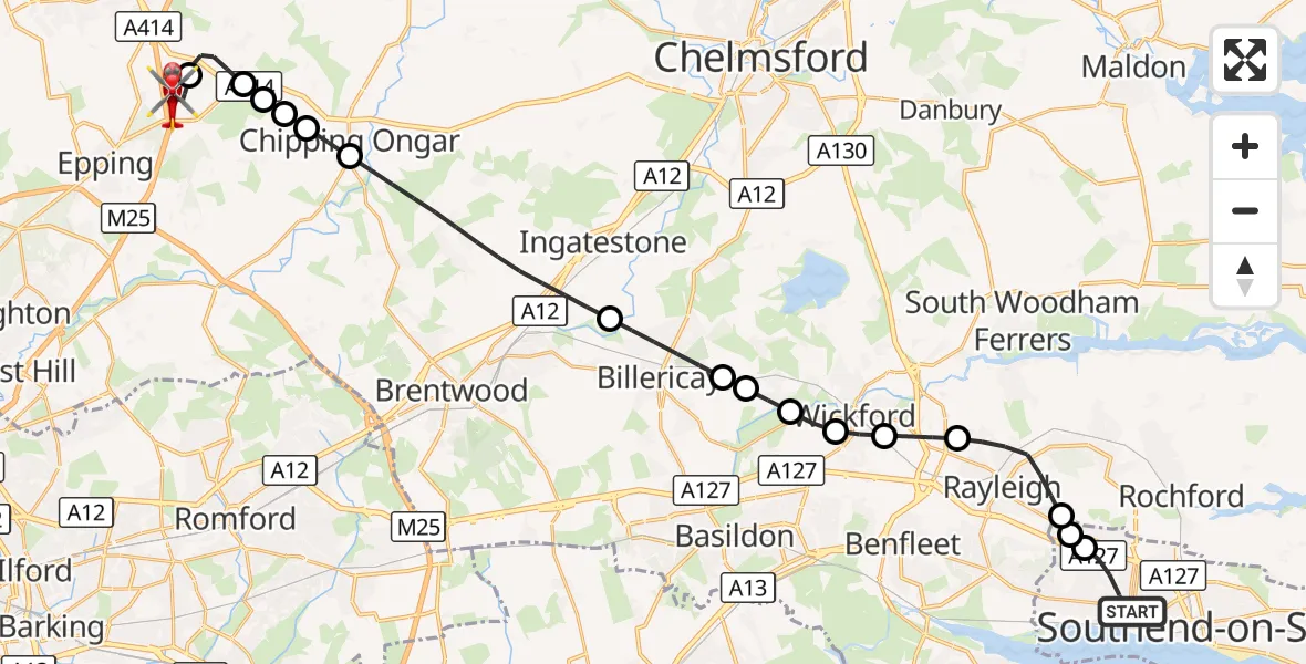Flight route Air Ambulance Helicopter Leigh on Sea - North Weald Airfield, 13 September 2026, 12:47