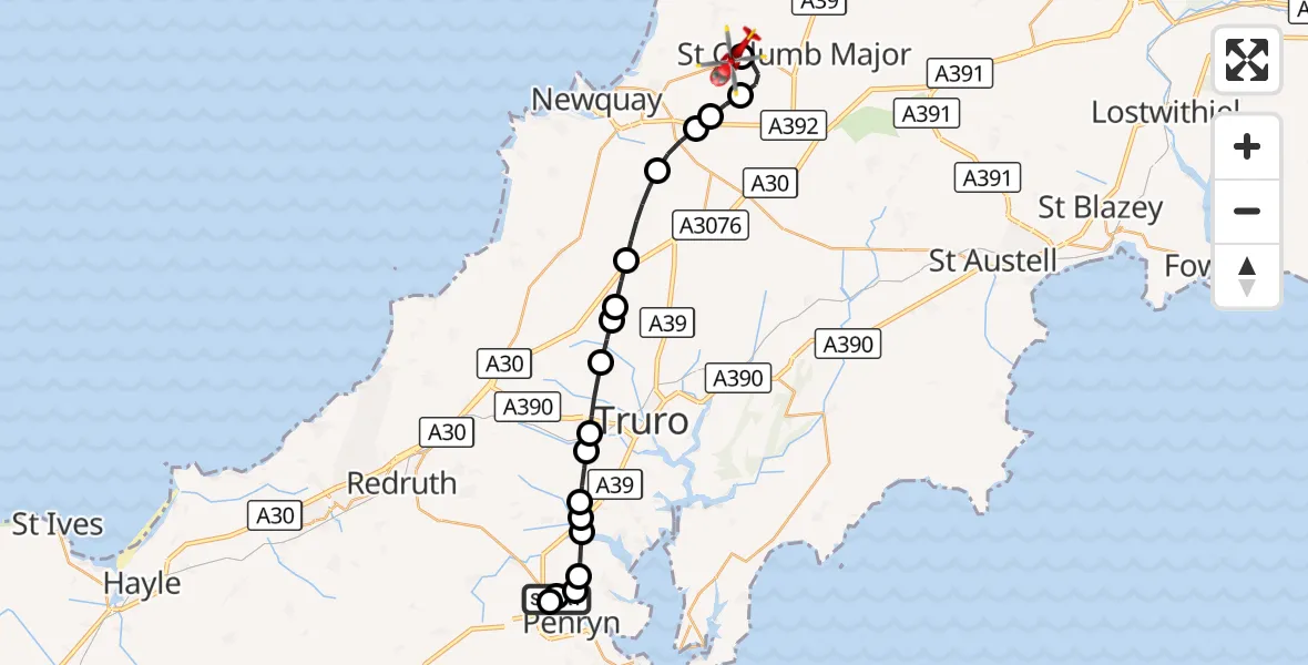 Flight route Air Ambulance Helicopter Penryn - Cornwall Airport Newquay, 13 September 2026, 13:04