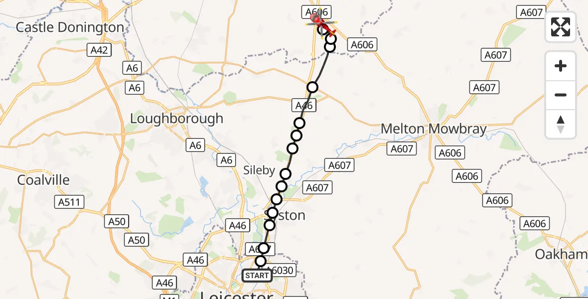 Flight route Air Ambulance Helicopter Northfields - Hickling, 13 September 2026, 13:15