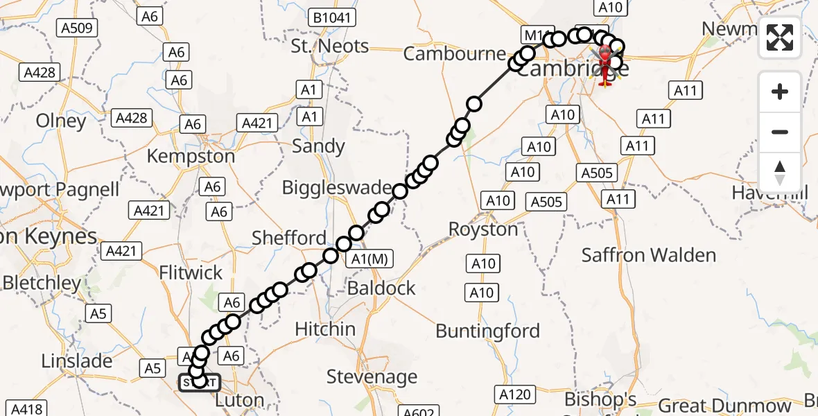 Flight route Air Ambulance Helicopter Luton & Dunstable - Cambridge City Airport, 13 September 2026, 13:24