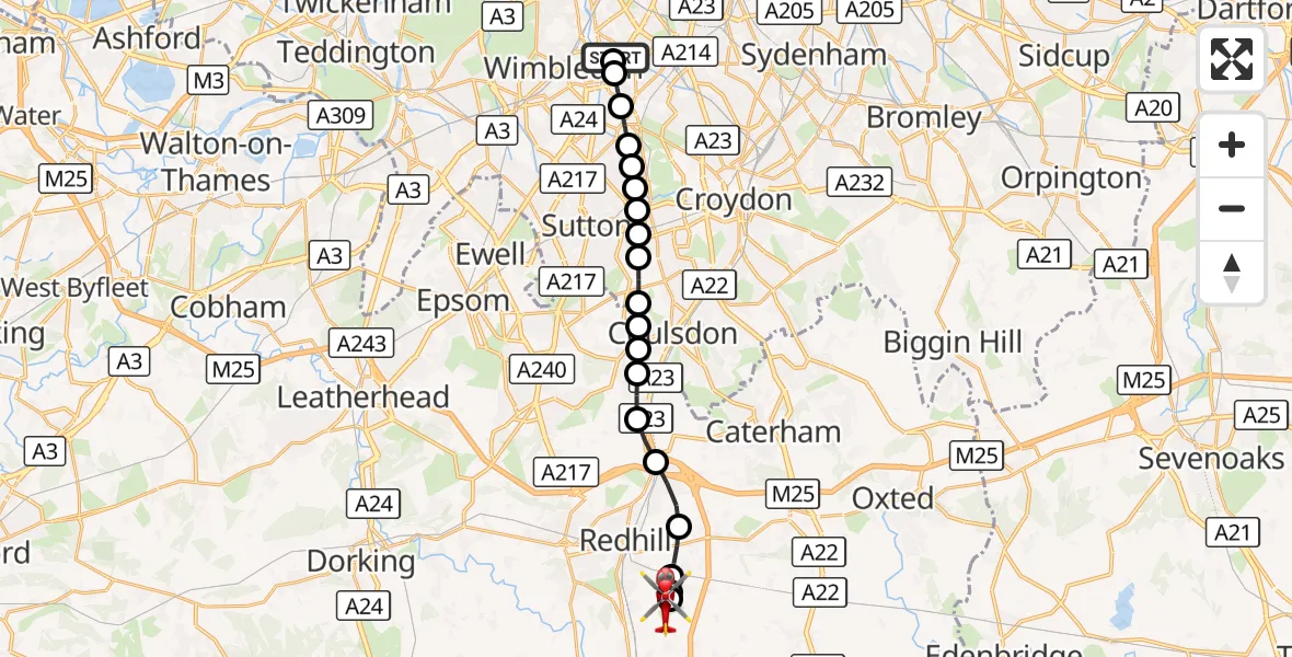 Flight route Air Ambulance Helicopter St Georges Hospital - Redhill Aerodrome, 13 September 2026, 13:31