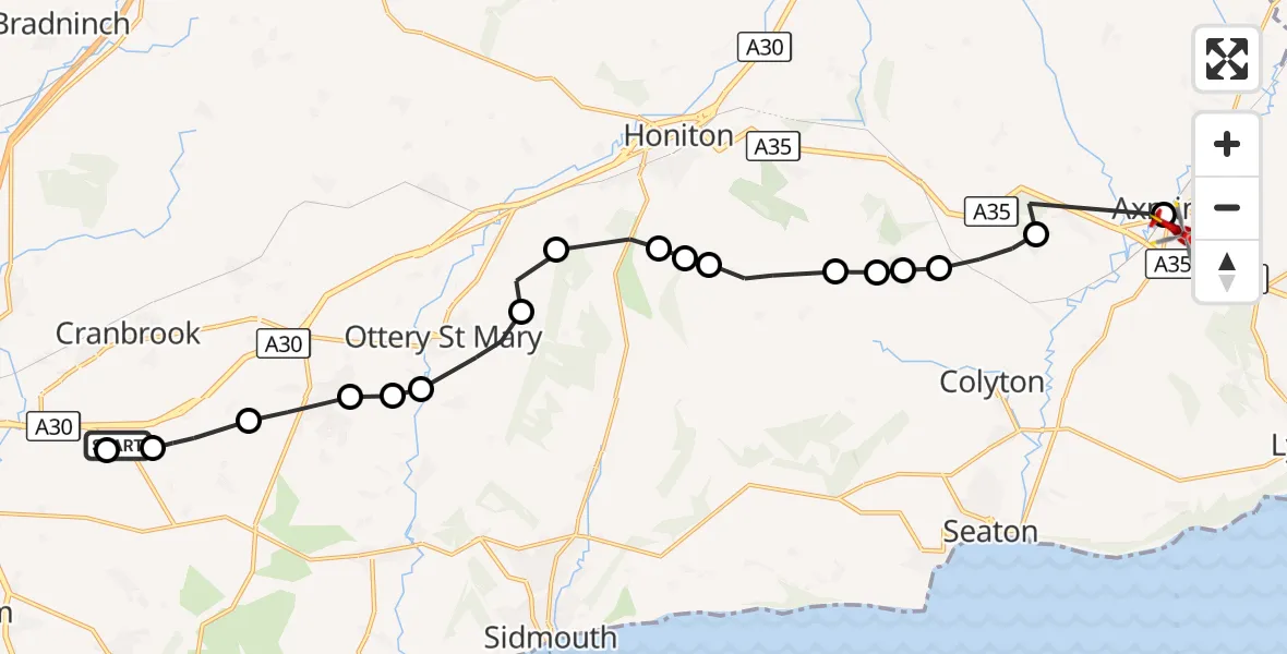 Flight route Air Ambulance Helicopter Aylesbeare - Axminster, 13 September 2026, 13:32