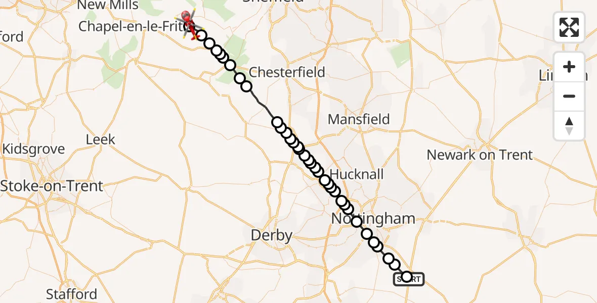 Flight route Air Ambulance Helicopter Nottingham Heliport - Bradwell CP, 13 September 2026, 14:25