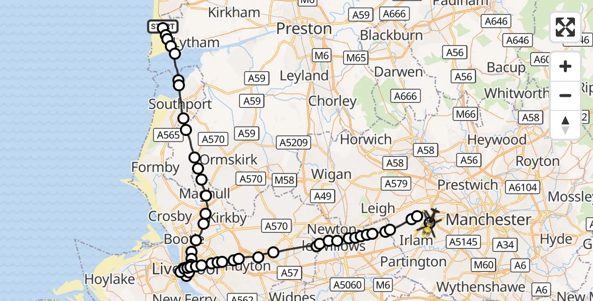 Flight route Police Helicopter Fylde - Irlam, 13 September 2026, 14:30