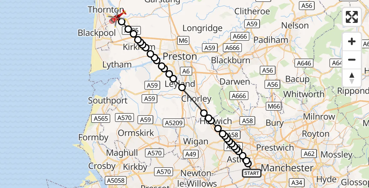 Flight route Air Ambulance Helicopter Manchester Barton Aerodrome - Little Singleton, 13 September 2026, 14:36