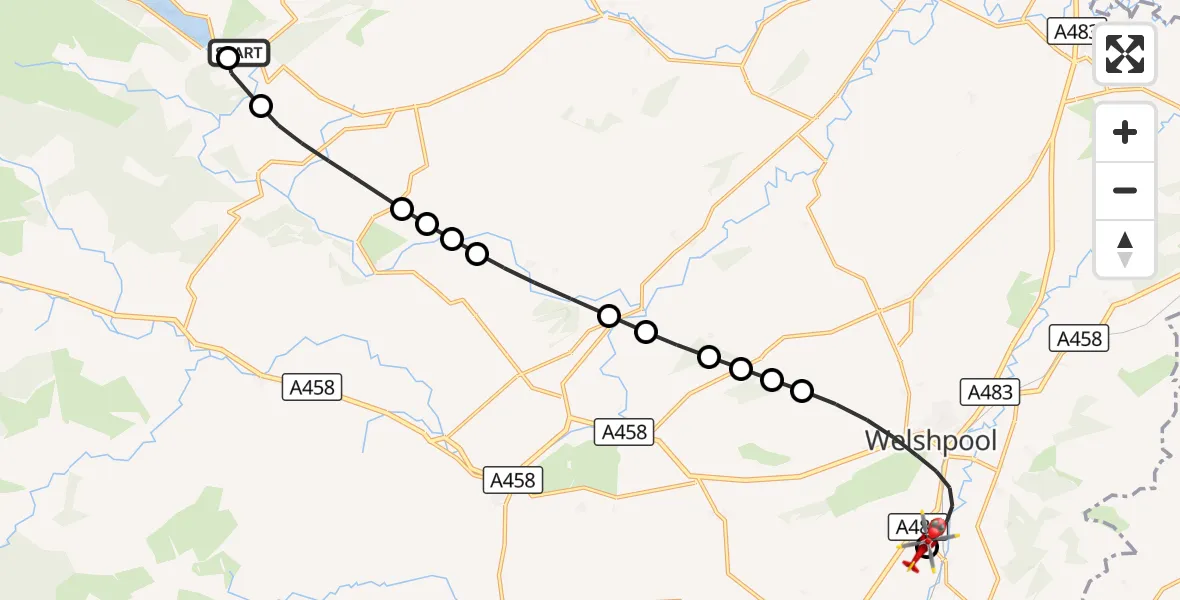 Flight route Air Ambulance Helicopter Abertridwr - Welshpool Airport, 13 September 2026, 14:39