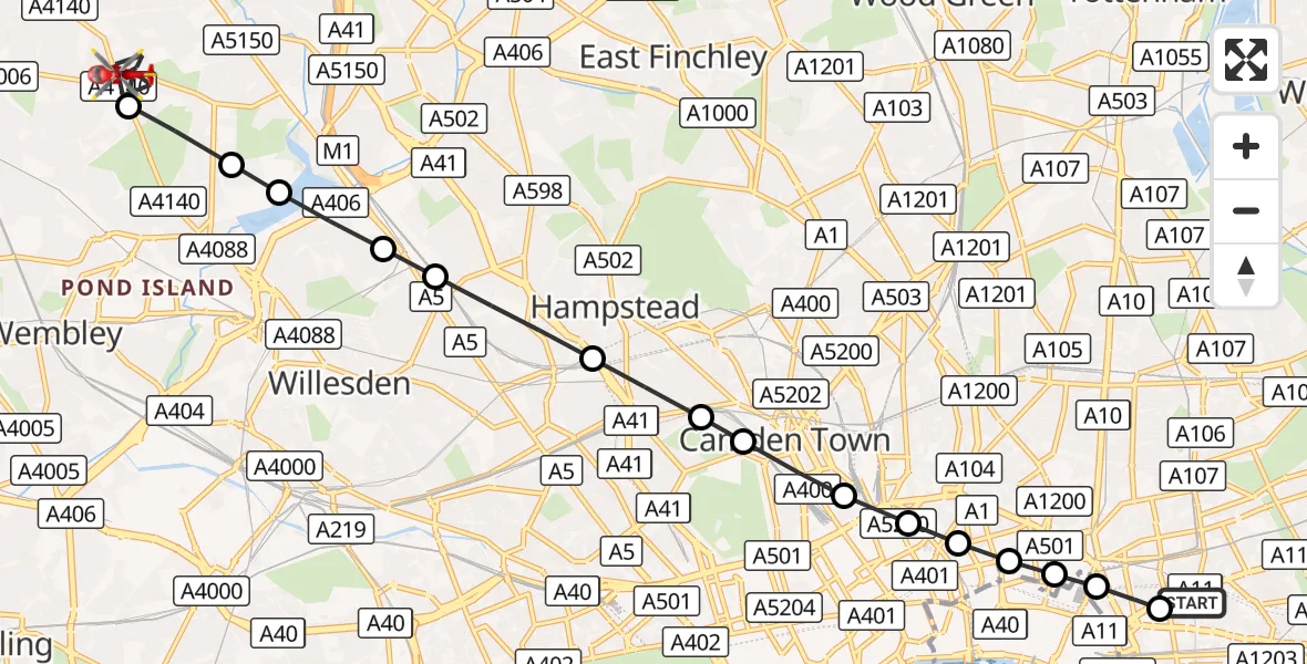 Flight route Air Ambulance Helicopter Royal London Hospital - Preston, 13 September 2026, 14:40