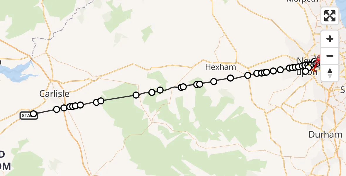 Flight route Air Ambulance Helicopter Thursby - Newcastle Royal Victoria Infirmary, 13 September 2026, 14:40