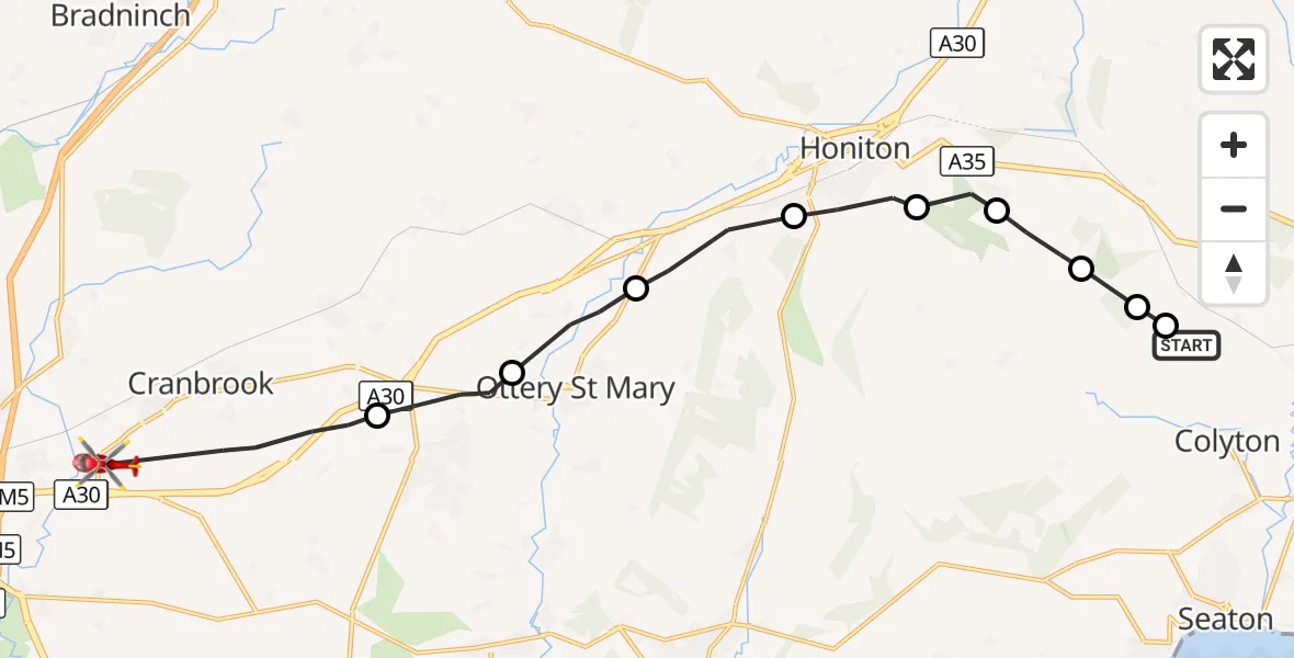 Flight route Air Ambulance Helicopter Colyton - Clyst Honiton, 13 September 2026, 14:54