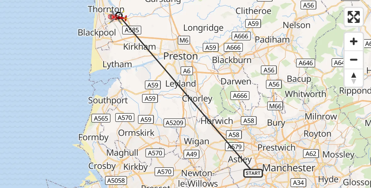 Flight route Air Ambulance Helicopter Manchester Barton Aerodrome - Little Singleton, 13 September 2026, 14:56
