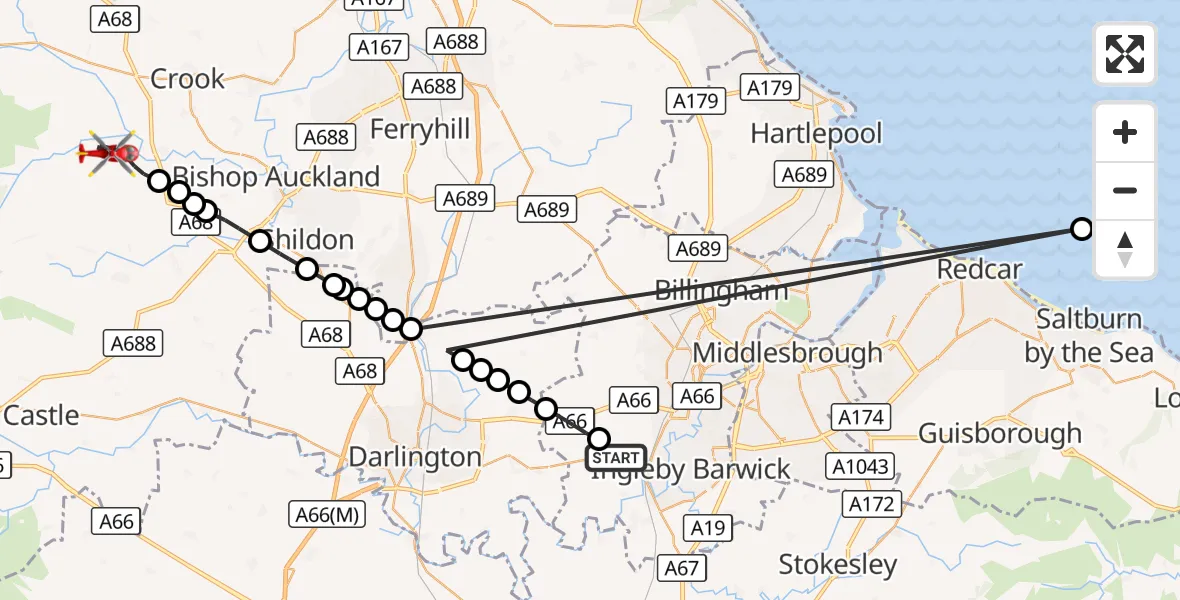 Flight route Air Ambulance Helicopter Egglescliffe - Hamsterley, 13 September 2026, 14:56