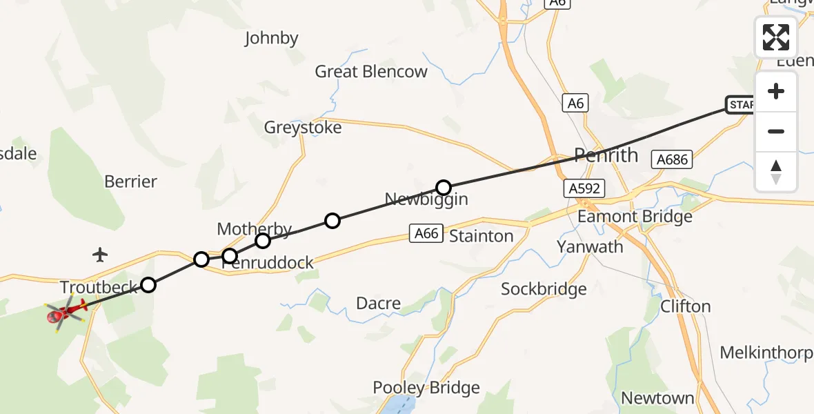 Flight route Air Ambulance Helicopter Penrith - Mungrisdale, 13 September 2026, 15:14
