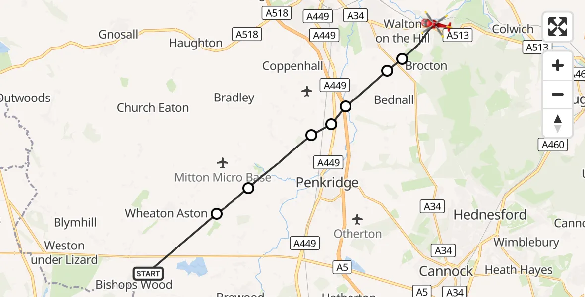 Flight route Air Ambulance Helicopter South Staffordshire - Stafford, 13 September 2026, 15:16