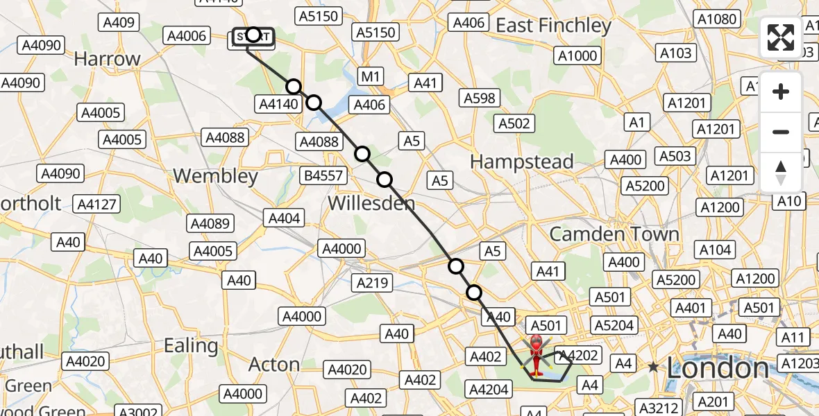 Flight route Air Ambulance Helicopter Preston - City of Westminster, 13 September 2026, 15:20
