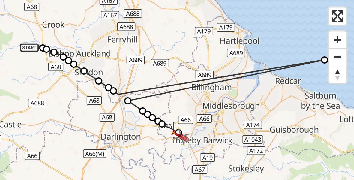 Flight route Air Ambulance Helicopter Hamsterley - Egglescliffe, 13 September 2026, 15:32