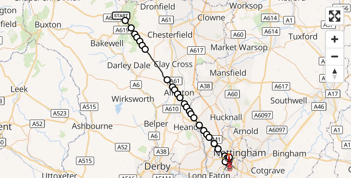 Flight route Air Ambulance Helicopter Derbyshire Dales - City of Nottingham, 13 September 2026, 15:37