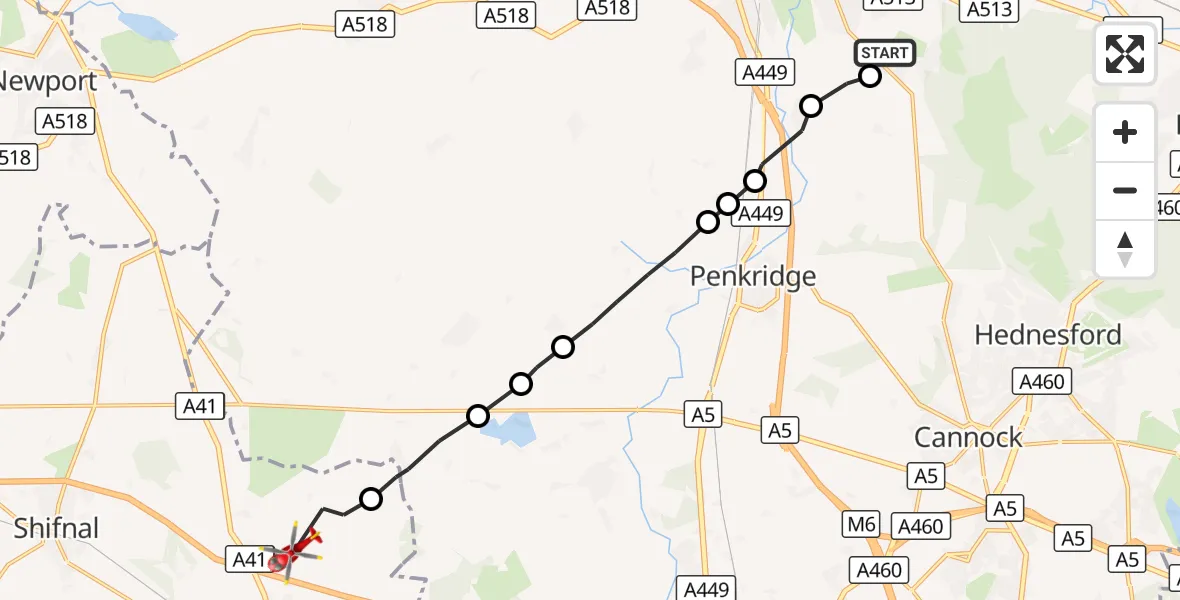 Flight route Air Ambulance Helicopter Stafford - Tong, 13 September 2026, 15:48