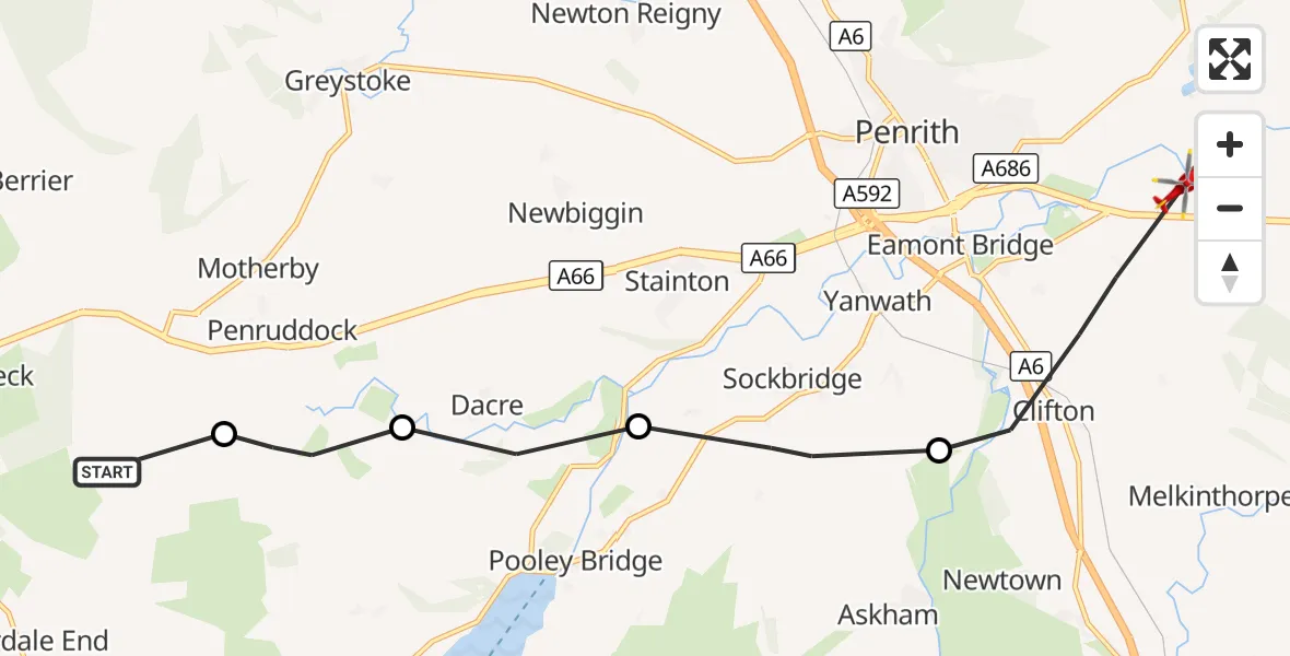 Flight route Air Ambulance Helicopter Motherby - Brougham, 13 September 2026, 15:59