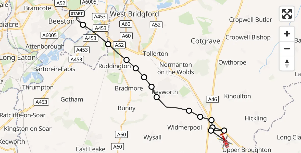 Flight route Air Ambulance Helicopter Beeston - Hickling, 13 September 2026, 16:07