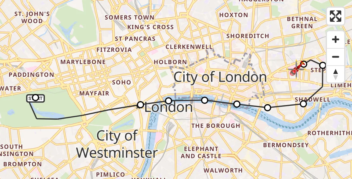 Flight route Air Ambulance Helicopter City of Westminster - Royal London Hospital, 13 September 2026, 16:07