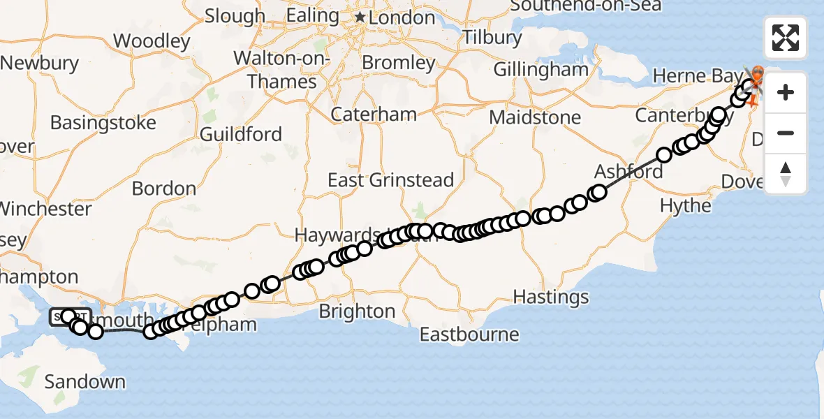 Flight route Coastguard Helicopter Solent Airport - Manston Airport, 13 September 2026, 16:09