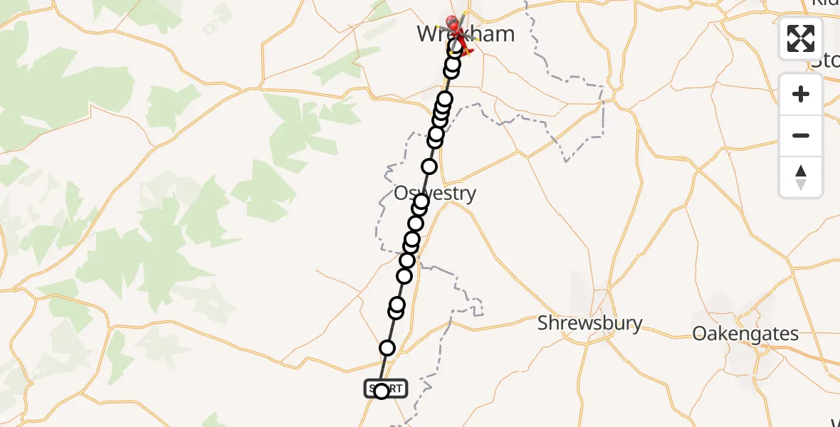 Flight route Air Ambulance Helicopter Welshpool Airport - Felin Puleston, 13 September 2026, 16:12
