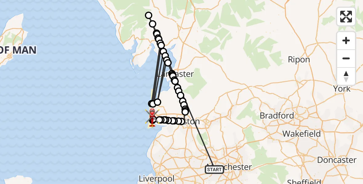 Flight route Air Ambulance Helicopter Manchester Barton Aerodrome - Blackpool Airport, 13 September 2026, 16:12