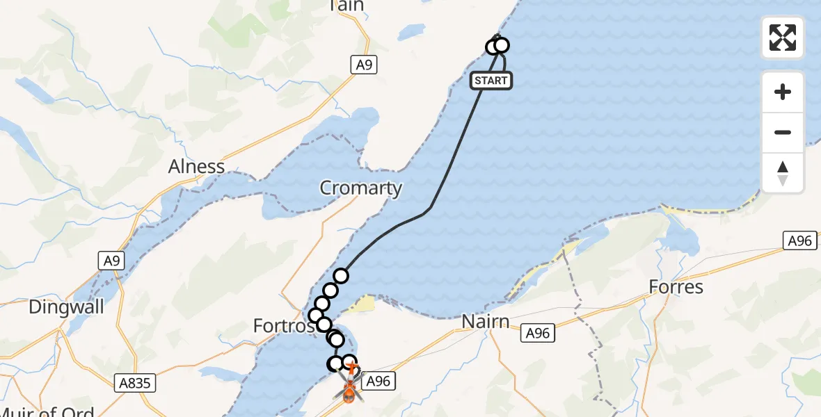 Flight route Coastguard Helicopter North Sea - Inverness Airport, 13 September 2026, 16:19