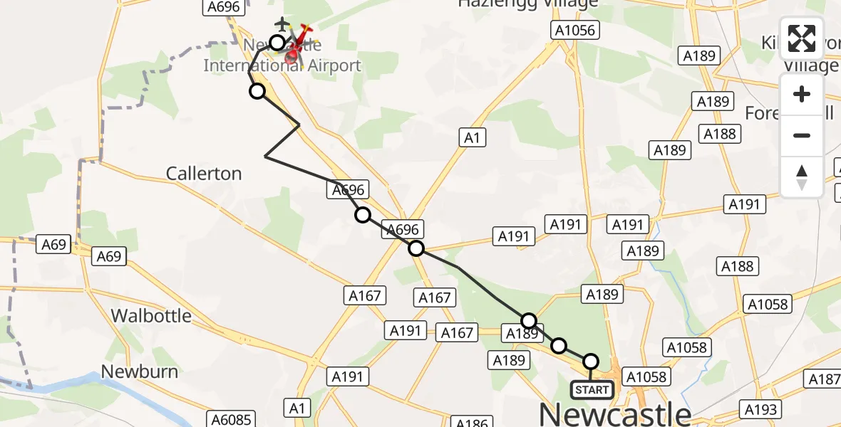 Flight route Air Ambulance Helicopter Newcastle Royal Victoria Infirmary - Newcastle International Airport, 13 September 2026, 16:26