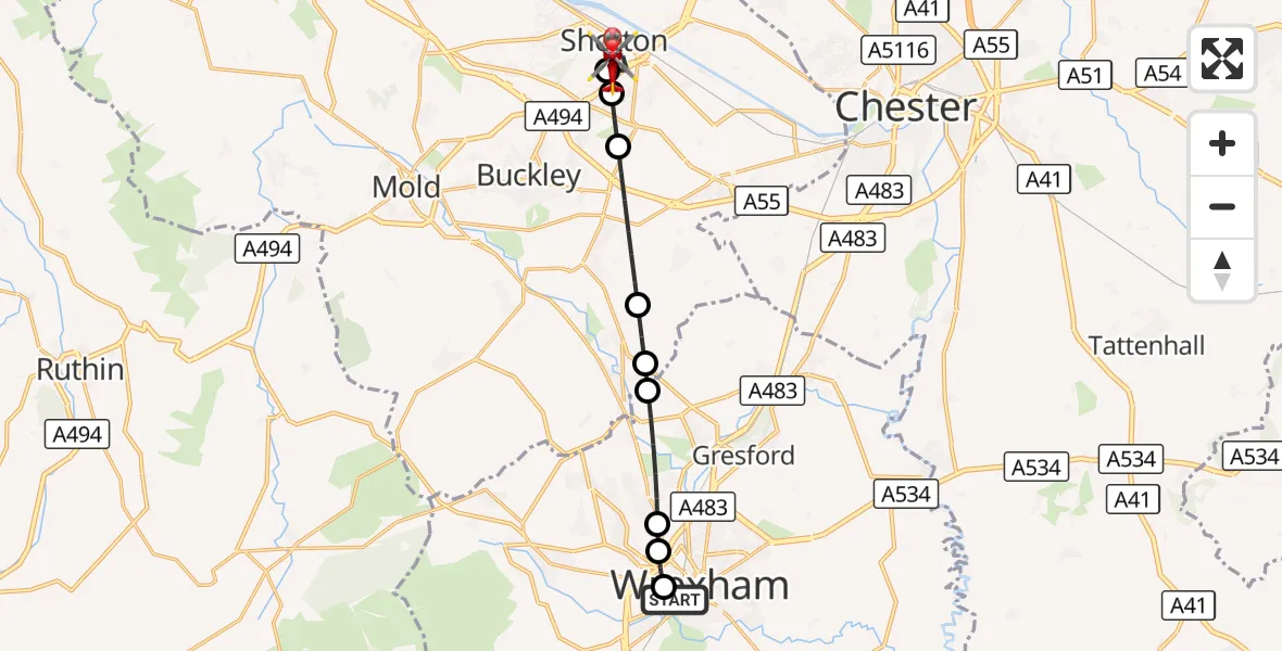 Flight route Air Ambulance Helicopter Felin Puleston - Shotton, 13 September 2026, 16:48
