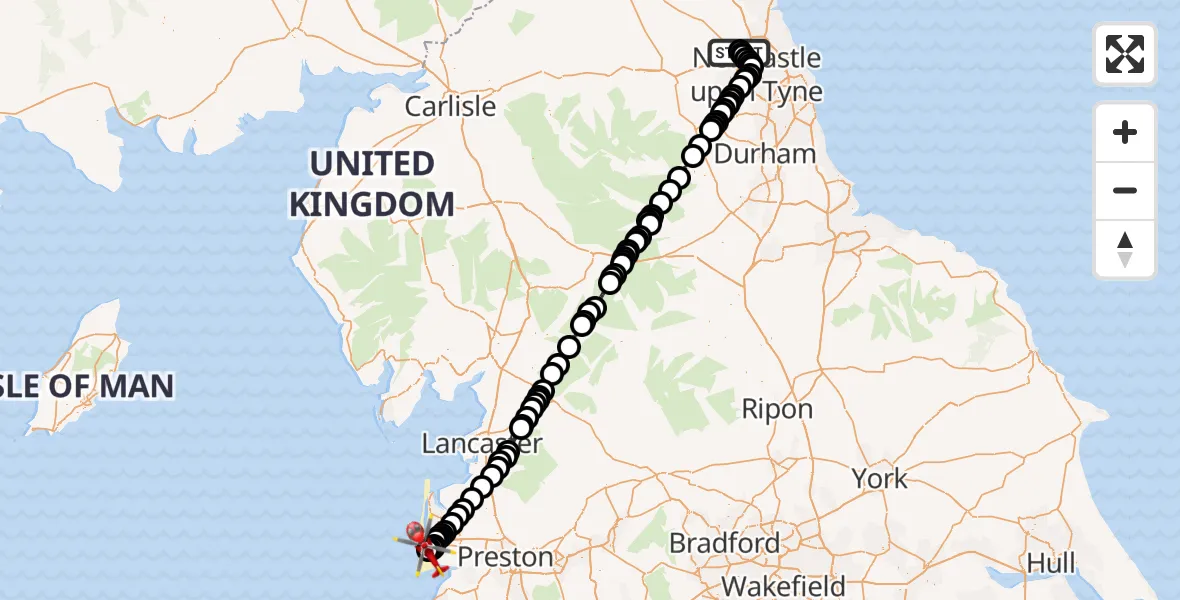 Flight route Air Ambulance Helicopter Newcastle International Airport - Blackpool Airport, 13 September 2026, 16:57
