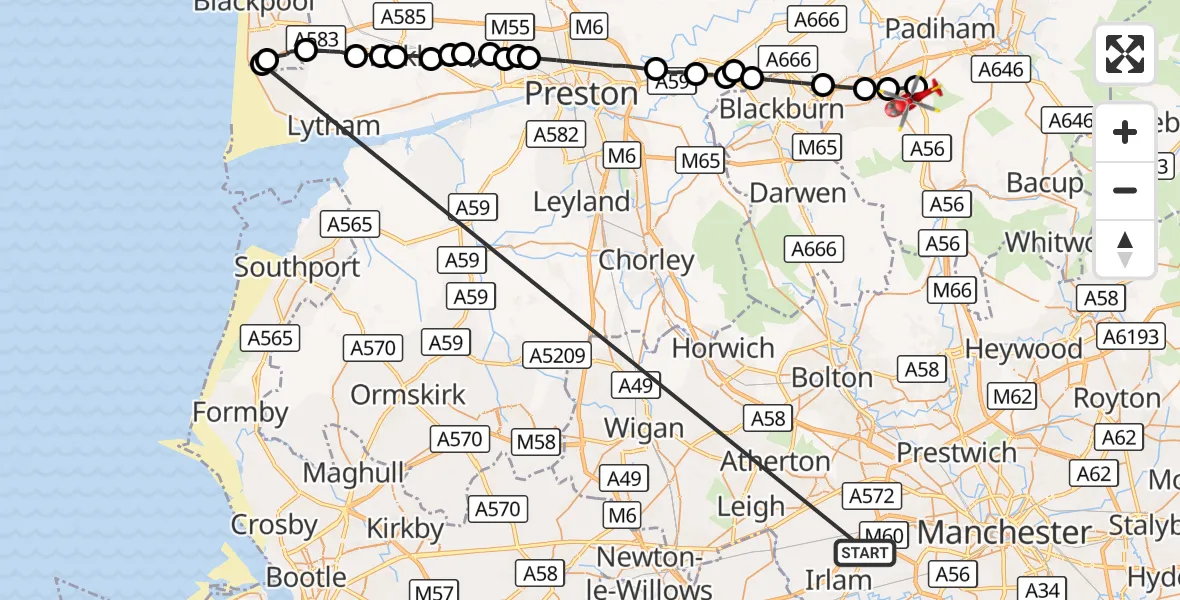 Flight route Air Ambulance Helicopter Manchester Barton Aerodrome - Huncoat, 13 September 2026, 17:03