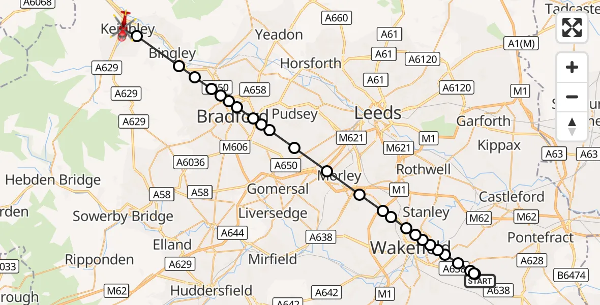Flight route Air Ambulance Helicopter YAA Nostell Helicopter Port - Keighley, 13 September 2026, 17:31