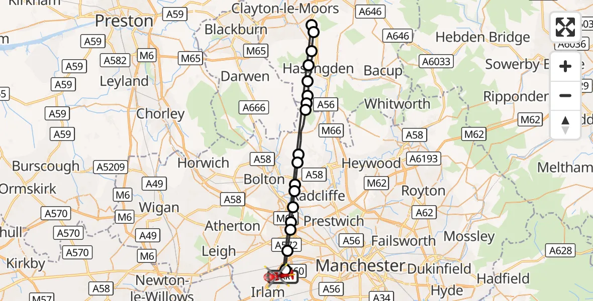 Flight route Air Ambulance Helicopter Manchester Barton Aerodrome - Eccles, 13 September 2026, 17:48