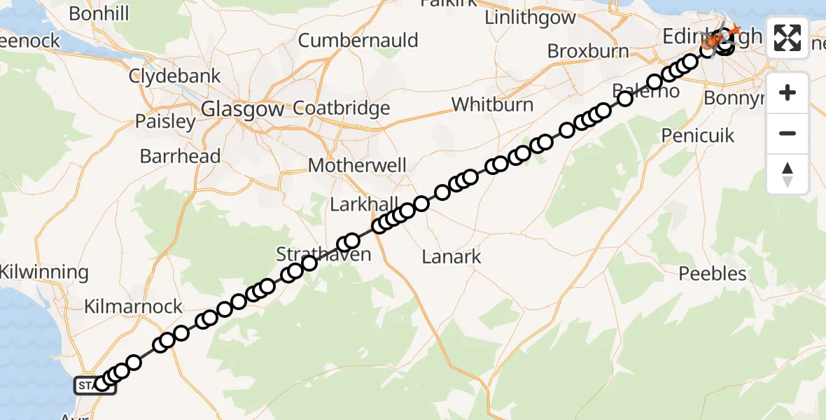 Flight route Coastguard Helicopter Glasgow Prestwick Airport - Holyrood Palace temp landing site, 13 September 2026, 17:50